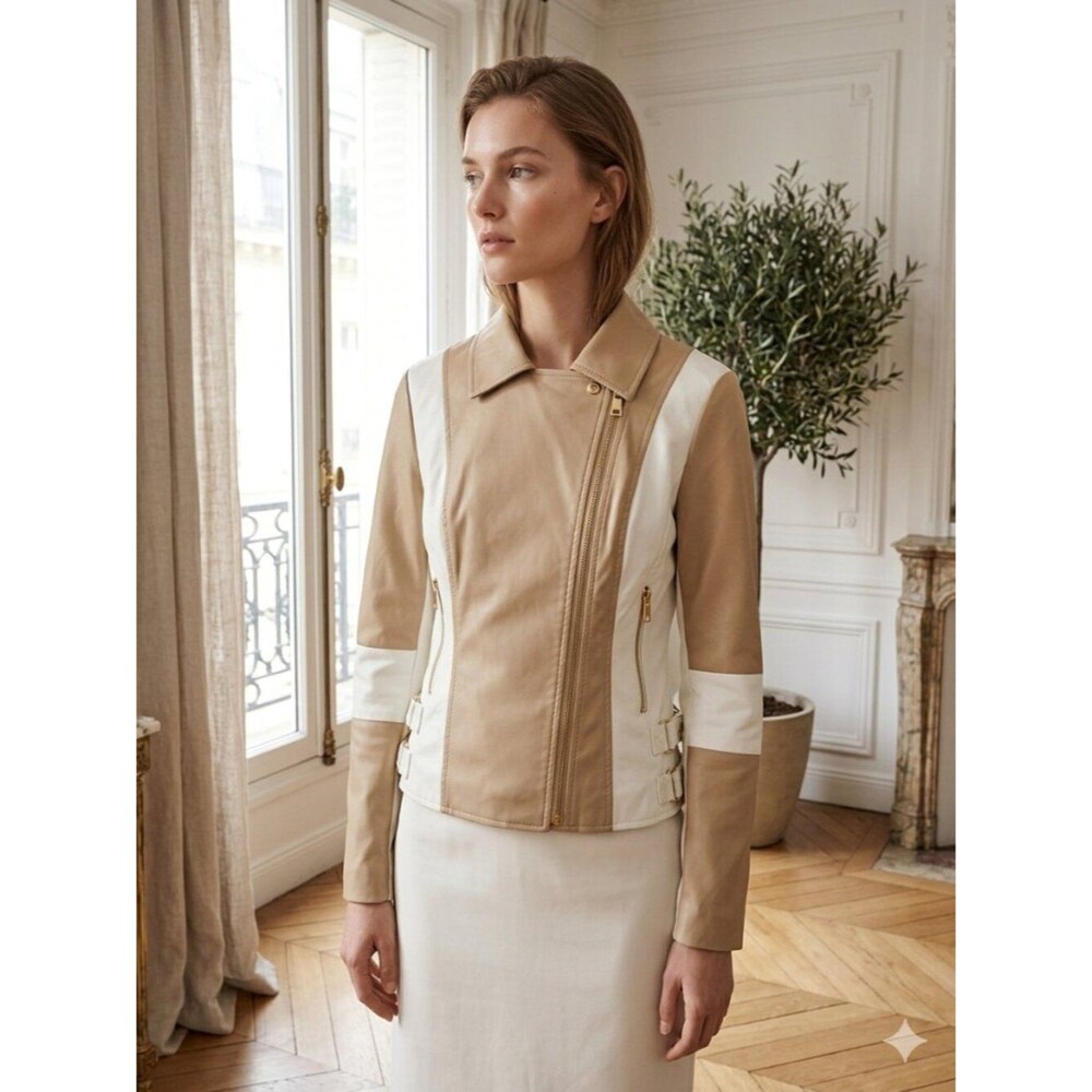 Steve Madden Women’s Beige & White Faux Leather Moto Jacket Size Small